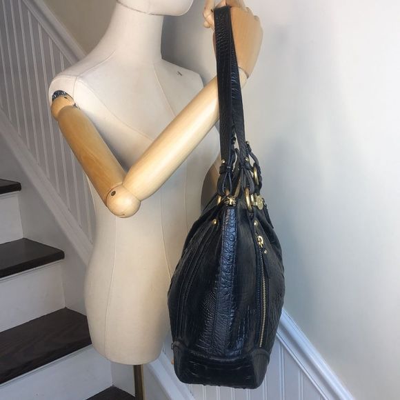 BRAHMIN Black Selma Croc Embossed Leather Pleated Shoulder Tote Bag Top Zipper - Picture 10 of 17